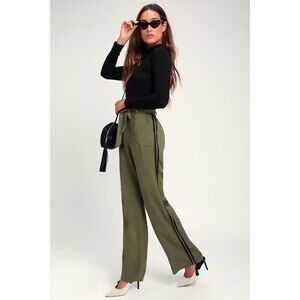 Lulus Ryman Olive Green Paper Bag Waist Striped Wide-leg Pants - Size Medium